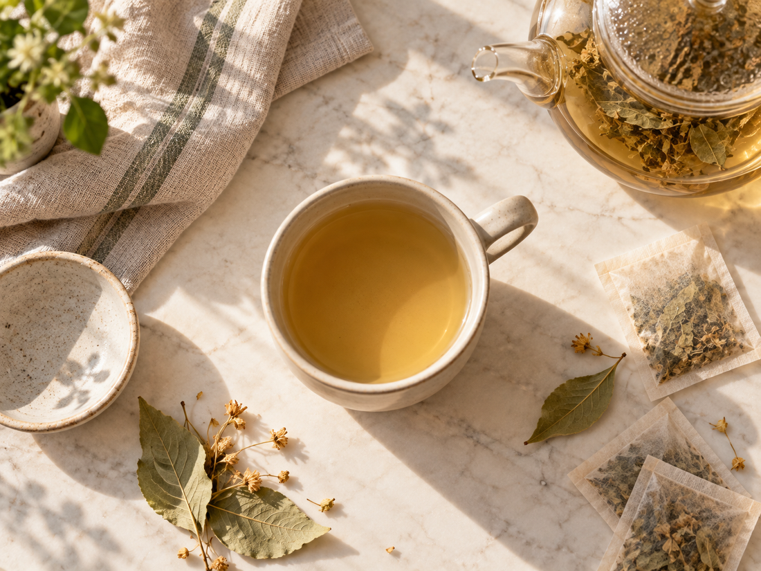 Mug d'infusion aux plantes vu de dessus, entouré d'infusettes en papier kraft