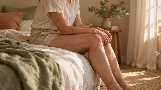 Femme assise au bord d'un lit, jambes détendues, lumière naturelle douce